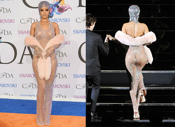 Ріанна (Rihanna), з'явившись на церемонії CFDA в 2014 році в сміливому плаття на голе тіло